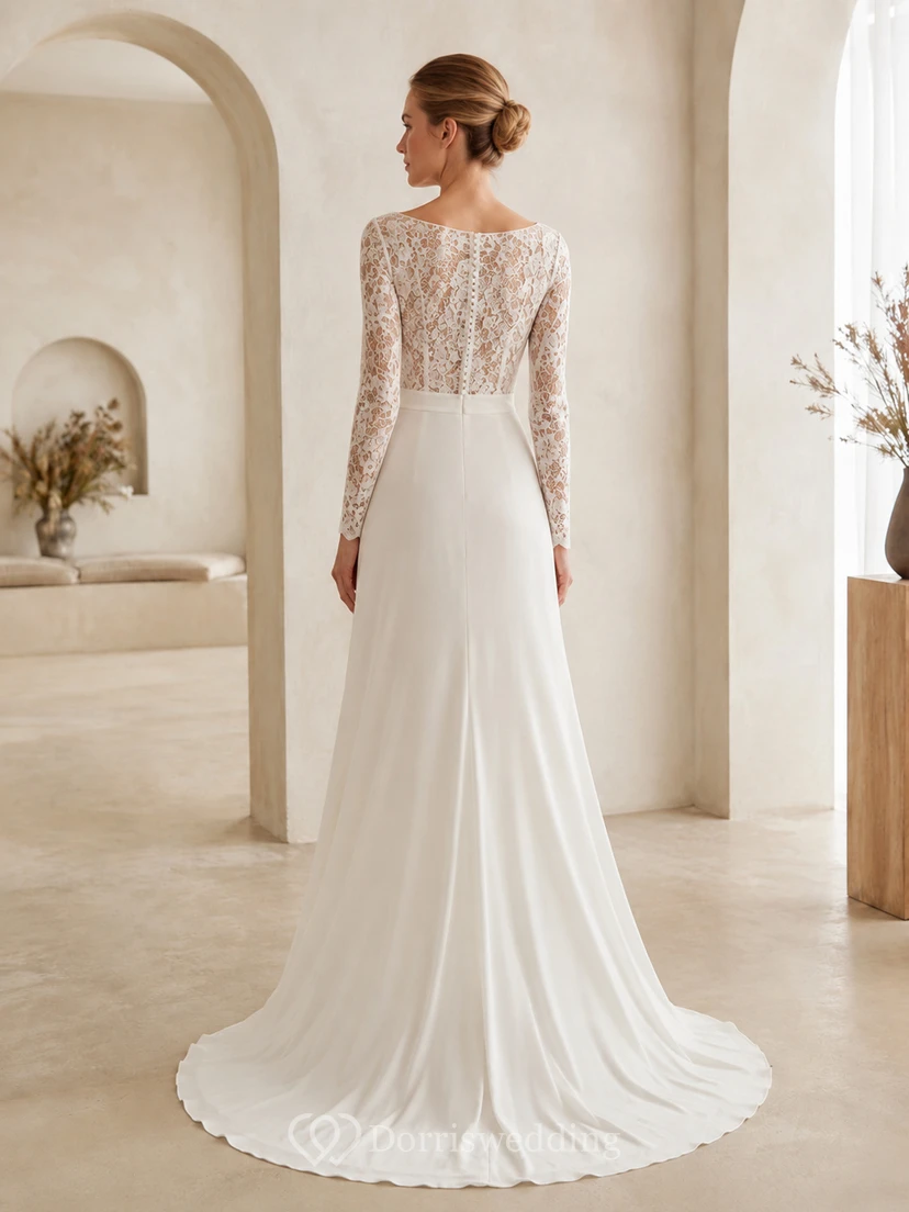 Robe de mariée en satin poli et dentelle, col carré, manches longues, coupe trapèze, traîne, dos illusion, col carré et manches courtes. view 2