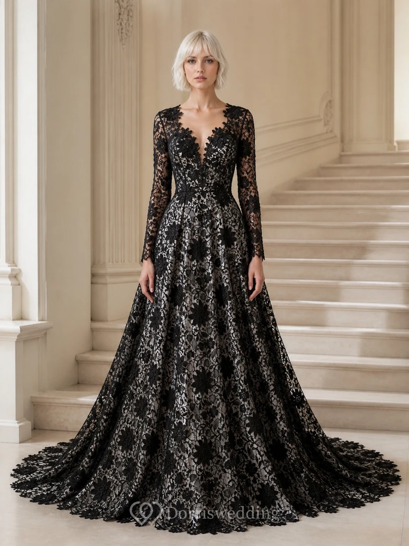 Lujoso vestido de noche negro de corte A con mangas largas y encaje con cuentas