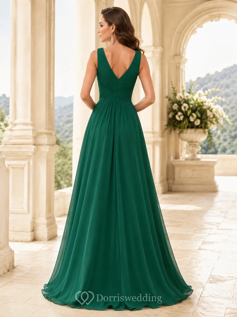 Dunkelgrünes Chiffon-Abendkleid in A-Linie mit V-Ausschnitt view 2