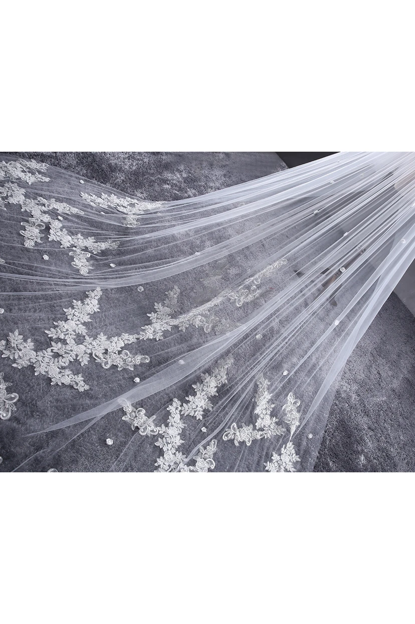 Ethereal Long Tulle Wedding Veil with Lace and Flower Appliques view 2