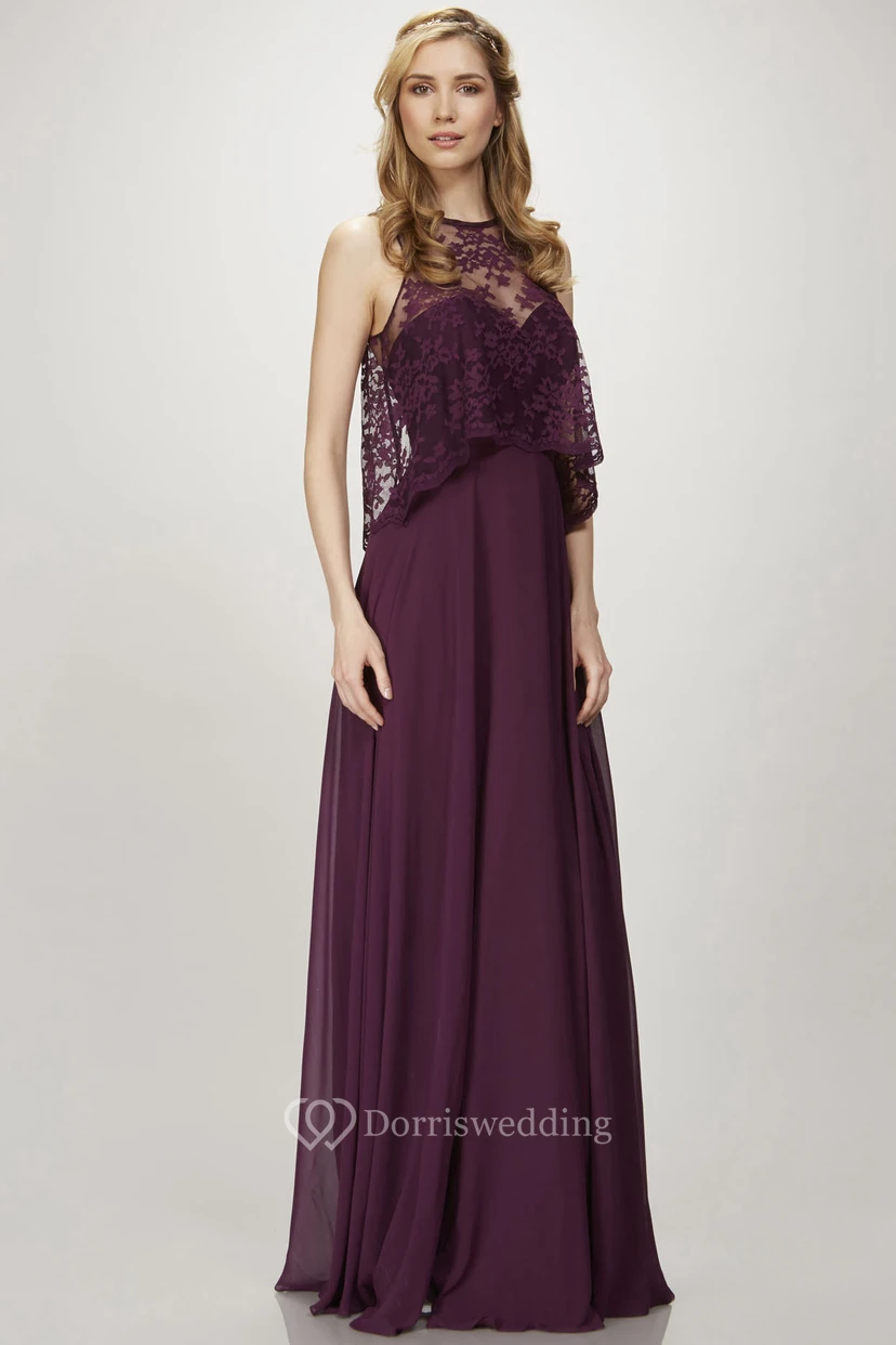 Sleeveless High Neck Appliqued Chiffon Bridesmaid Dress With Low-V Back