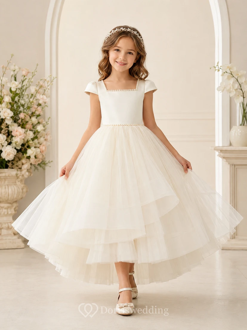 Vestido de niña de las flores, color marfil, tul, corte en A, manga corta, cuello joya, largo midi, detalle de volantes.