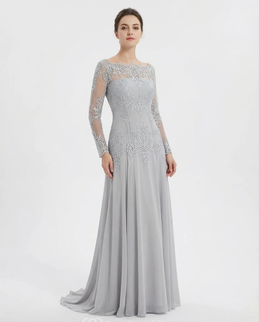 Silbernes, langärmeliges Abendkleid aus Illusionsspitze - Festliches Kleid für die Mutter der Braut