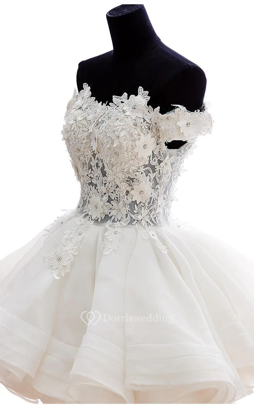 Ball Gown Mini Off-The-Shoulder Appliques Button Zipper Corset Back Lace Organza Dress view 3