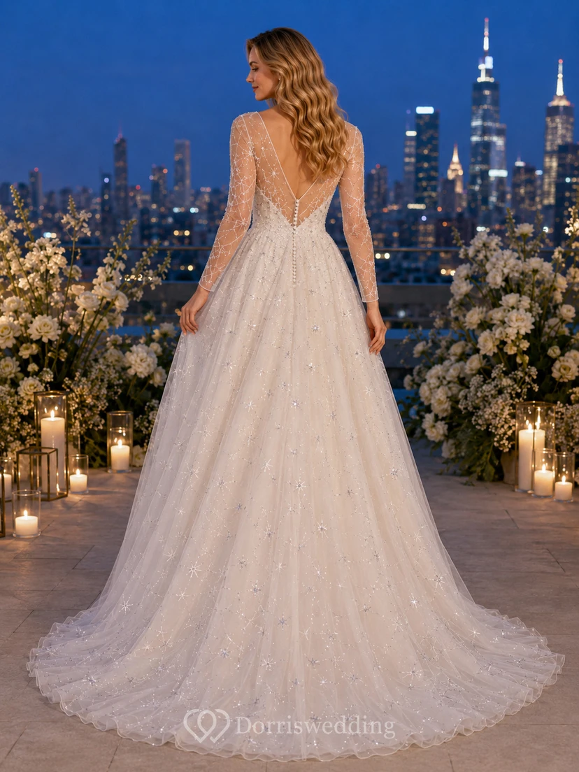 Long Sleeve Starry Sky Tulle Rooftop Bridal Gown view 2