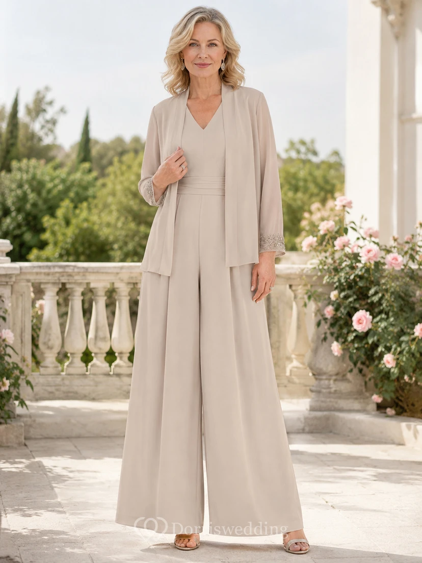 Mother Champagne Chiffon Jumpsuit with V-Neck Side Drape Jacket and Floor Length Pants