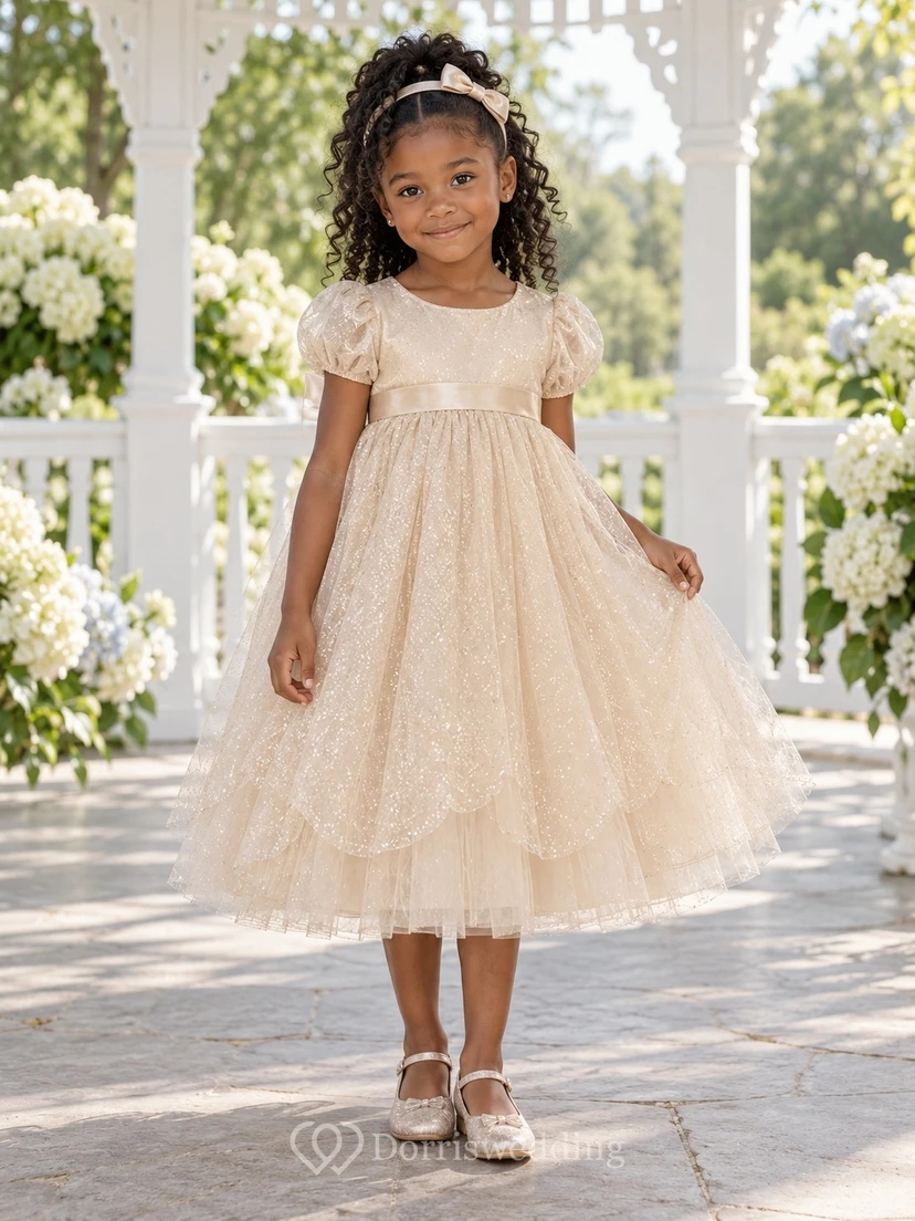 Tea-length Champagne A-line Tulle Puff-sleeve Sparkling Layered Round-Neck Flower Girl Dress