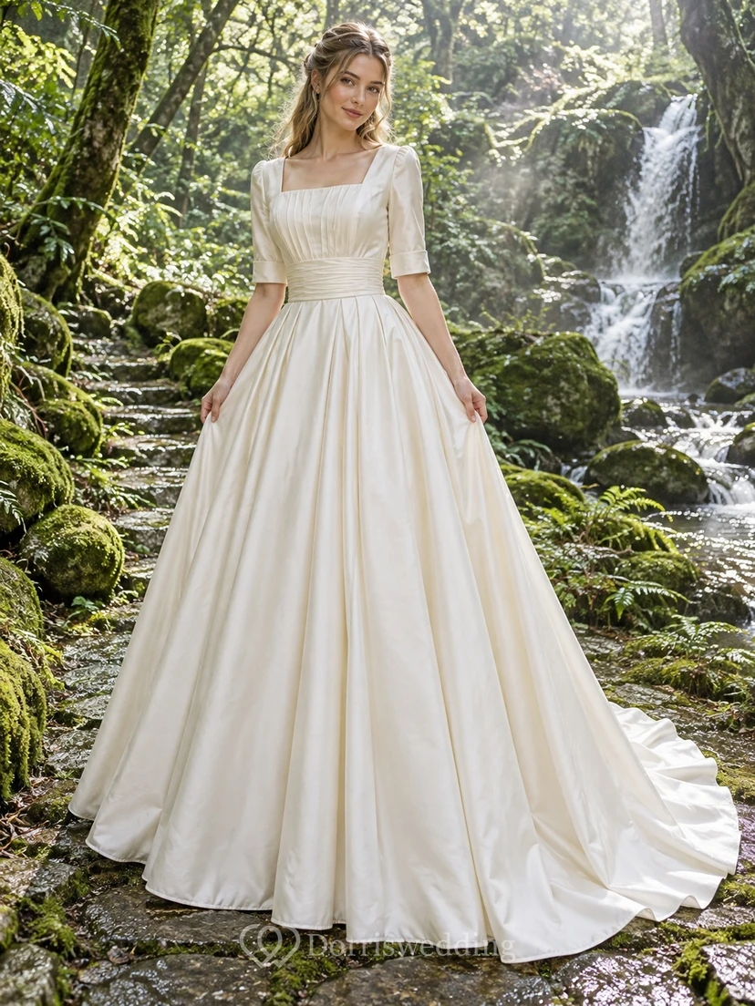 Schlichtes, dezentes Brautkleid mit eckigem Ausschnitt, halben Ärmeln und A-Linien-Schnitt