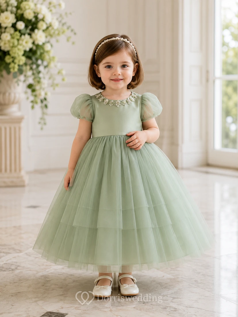 Sage Puff Sleeve Tiered Tea-Length Ball Gown Flower Girl Garden Wedding Tulle Dress