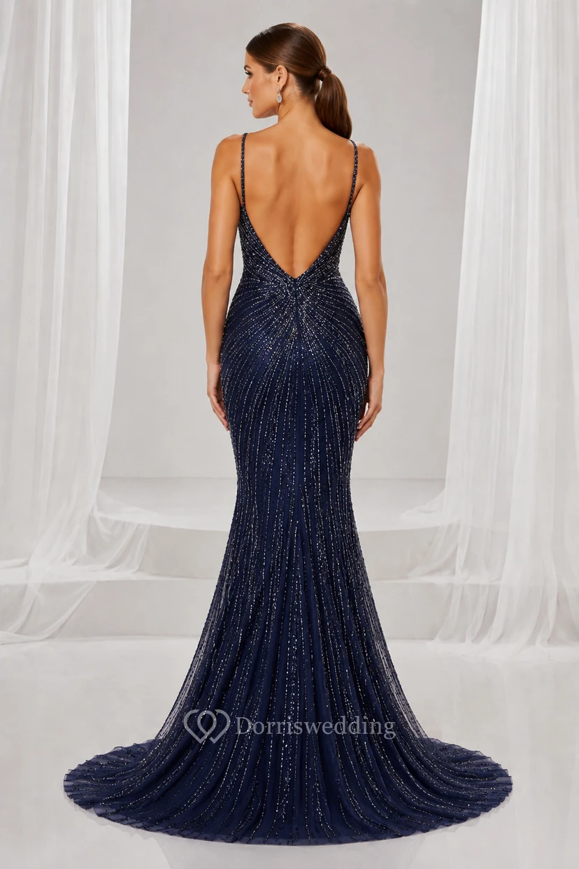 Dark Navy Spaghetti Strap Beaded Mermaid Prom Dress with Deep V Neck and Low Back view 2