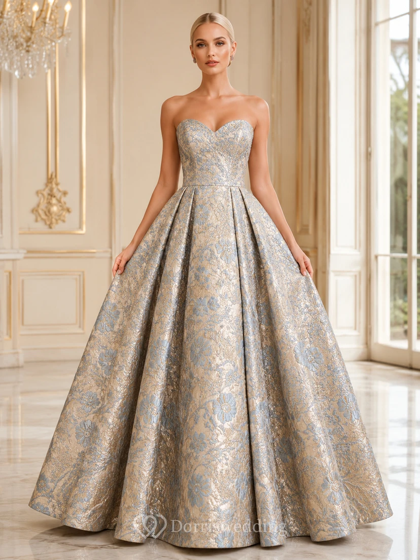 Vestido de gala formal de brocado plateado sin tirantes