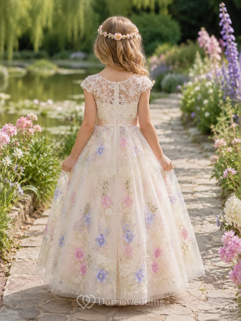 Vestido de niña de flores color marfil con bordado floral multicolor, mangas cortas de encaje, falda de tul acampanada hasta el suelo y cinturilla de satén color rosa pálido. view 2