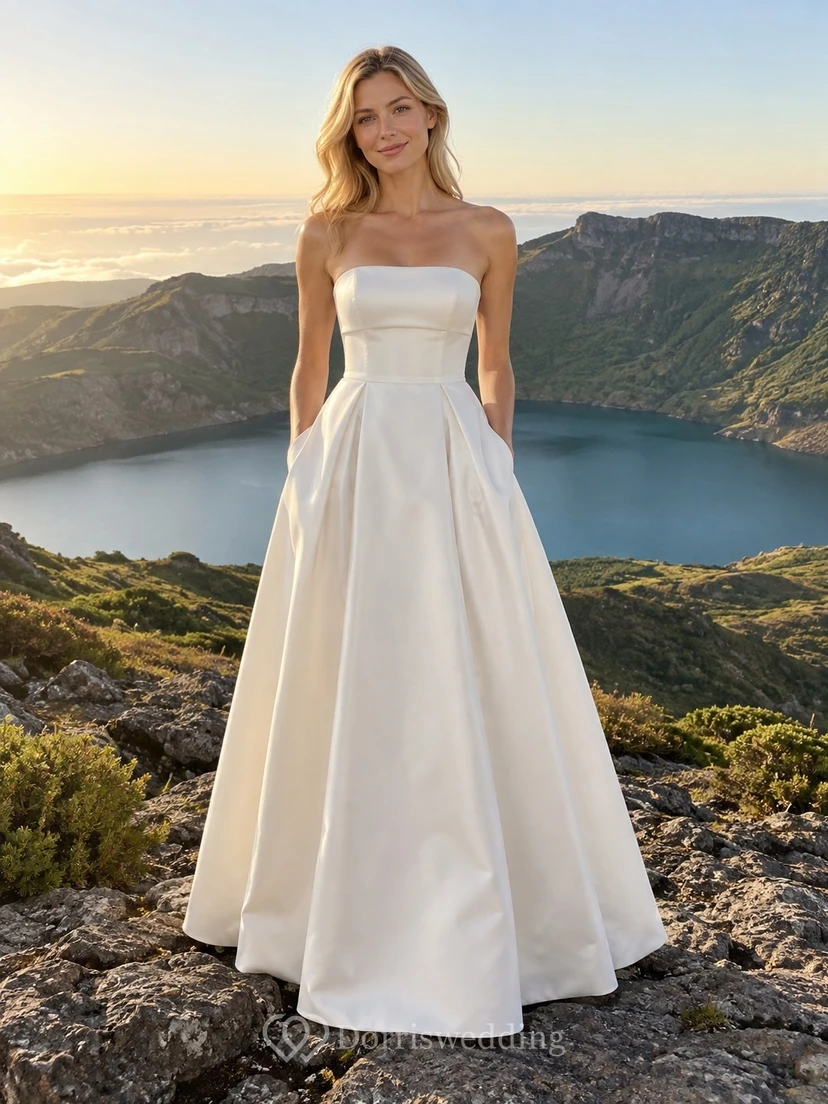 Schlichtes, trägerloses, plissiertes Brautkleid in A-Linie, bodenlang