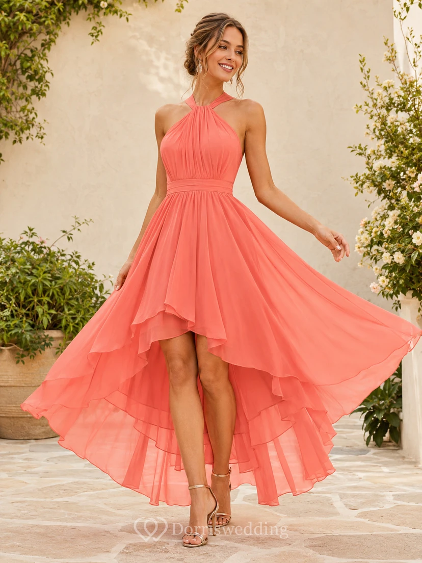 Coral Halter Chiffon Pleated Ruffled High-Low A-Line Garden Dress Modern