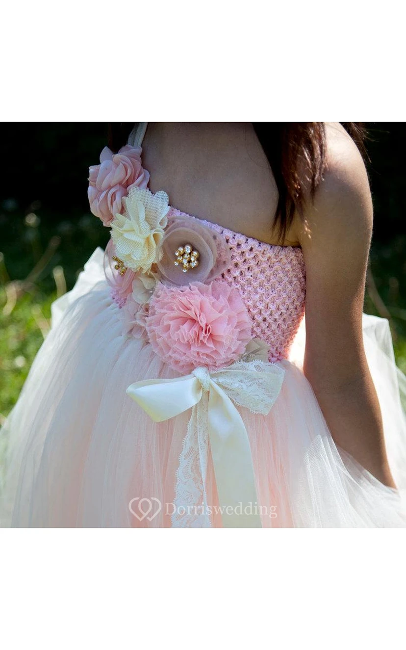 One-shoulder Empire Layered Tulle Ball Gown With Flowers and Sash view 2