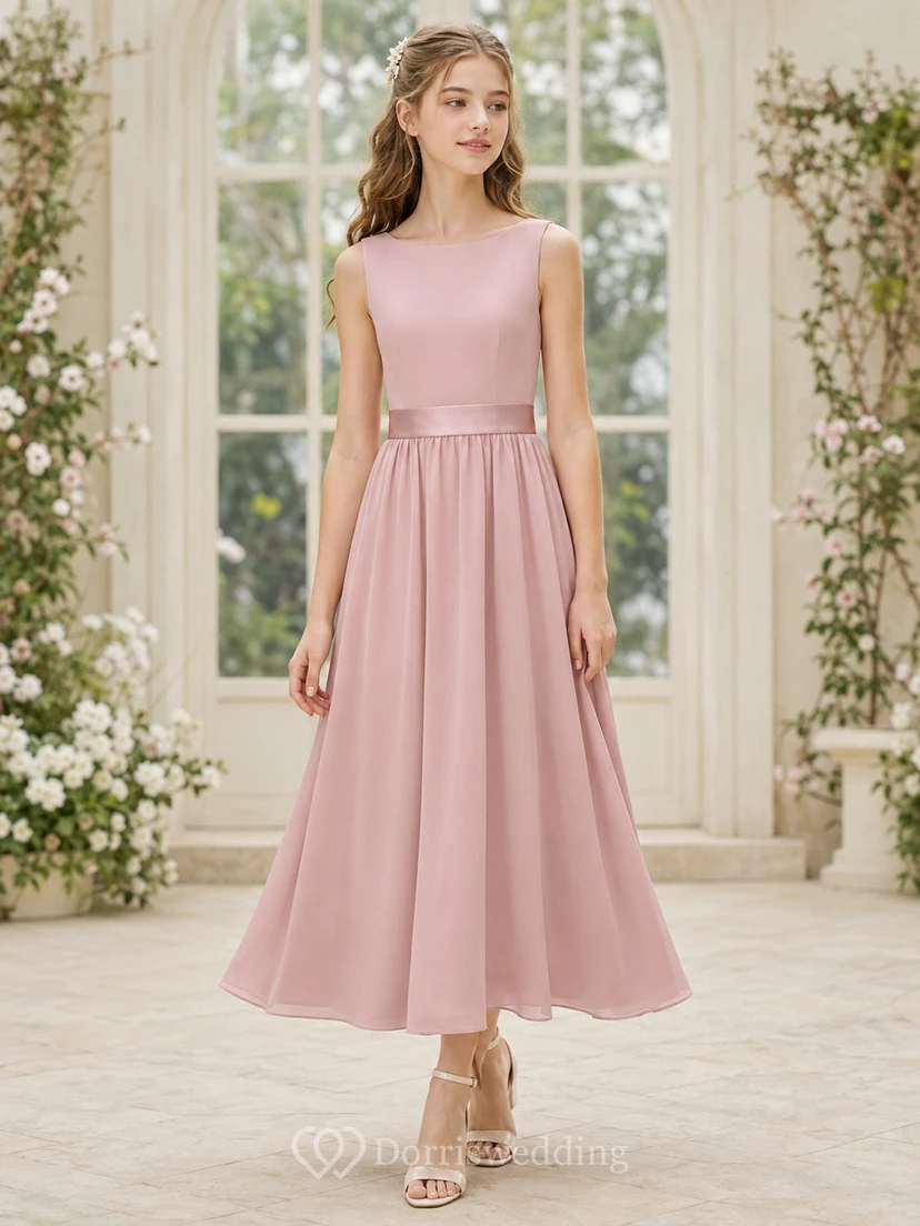 Vestido de dama de honor juvenil rosa empolvado, corte en A, sin mangas, estilo romántico.