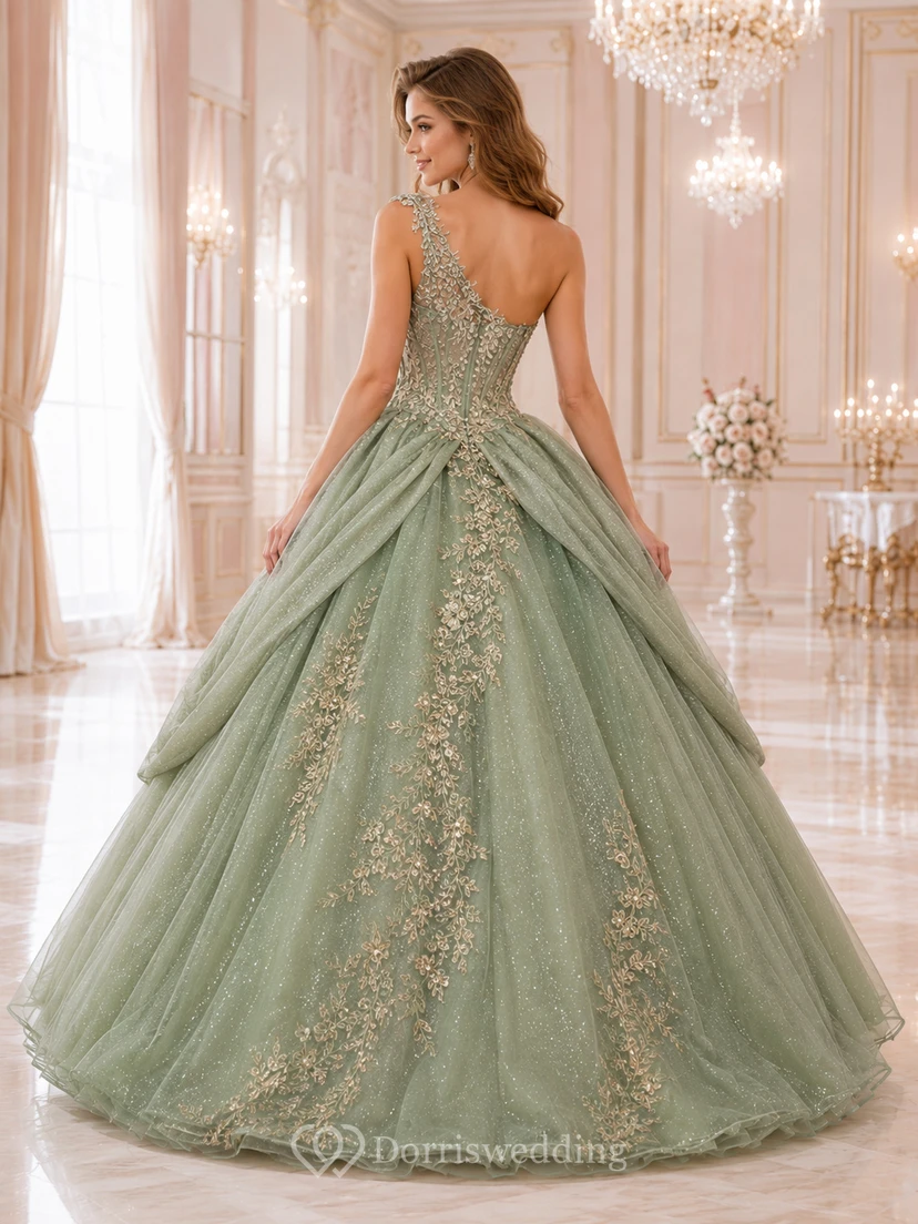 celadon Champagne Luxury One Shoulder Layered Embroidered Quinceanera Princess Ball Gown view 2