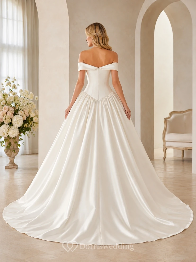 Vestido de novia de satén estilo princesa con hombros descubiertos y cintura baja view 2