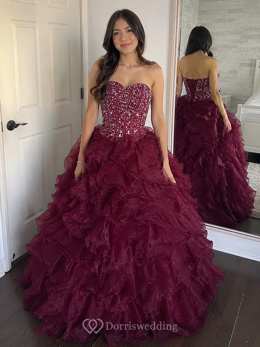 Ball Gown Floor-Length Bell Beading Ruffles Corset Back Lace Organza Dress view 10