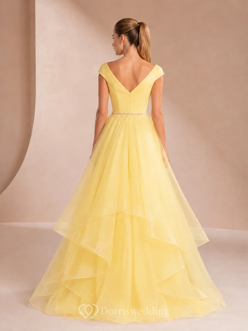 Vestido de noche largo hasta el suelo, sin mangas, de tul, con escote en V y corte en A, color champán, estilo romántico. view 2