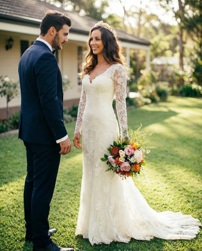 Vestido de novia clásico de encaje con escote en V - Vestido de novia de corte sirena ajustado de manga larga con cola