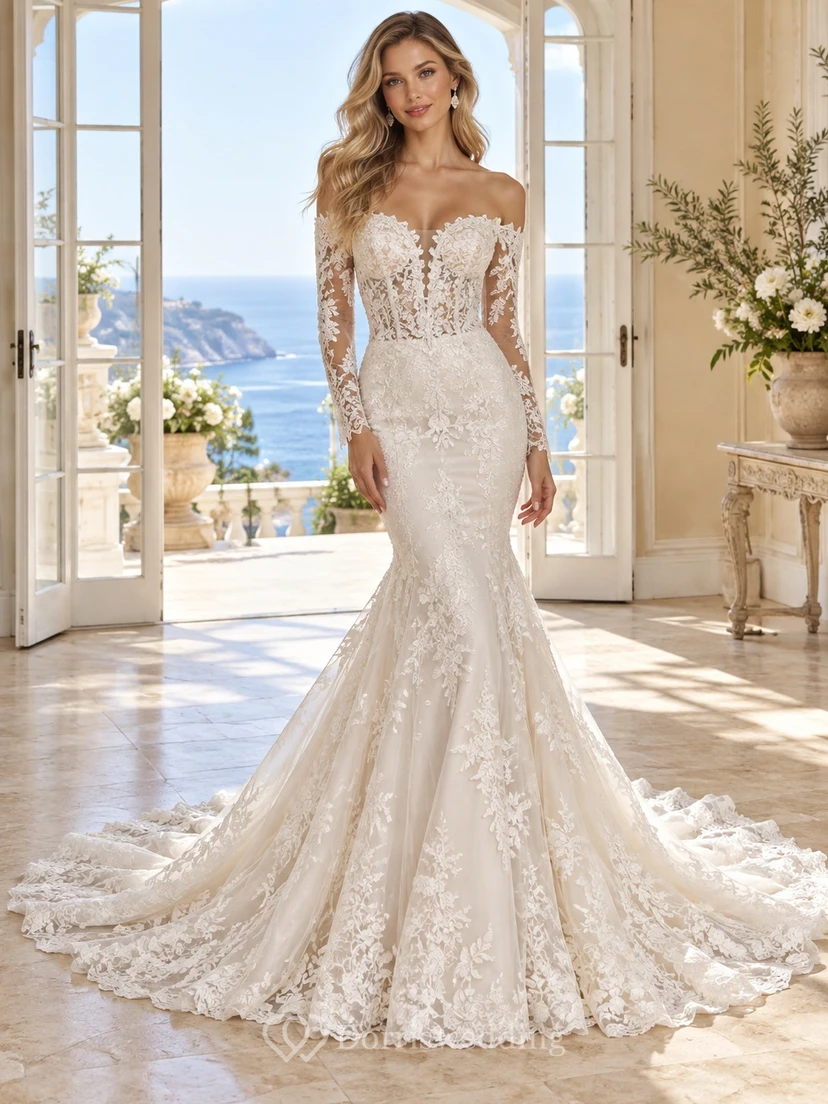 Mermaid Long Sleeve Off Shoulder Lace Corset Bridal Wedding Dress