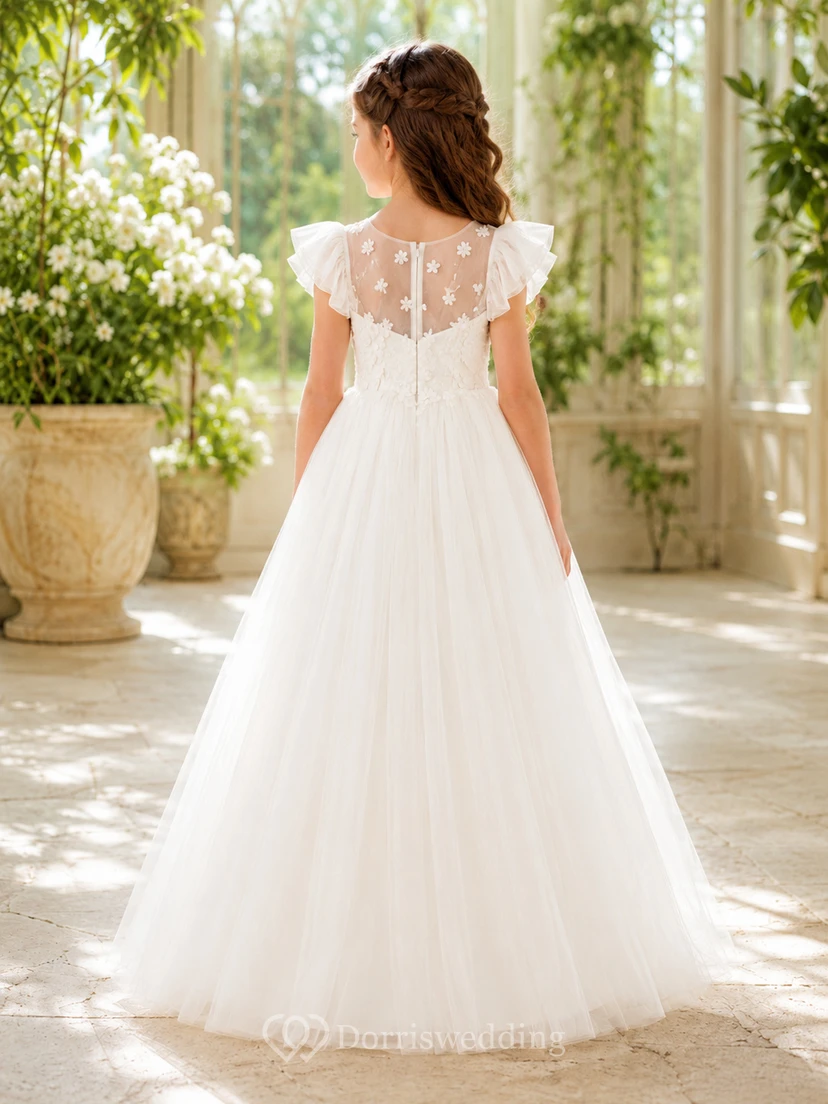 Flower Girl Dress White Tulle A-Line Flutter Sleeve Scoop Neck Floor Length Applique view 2