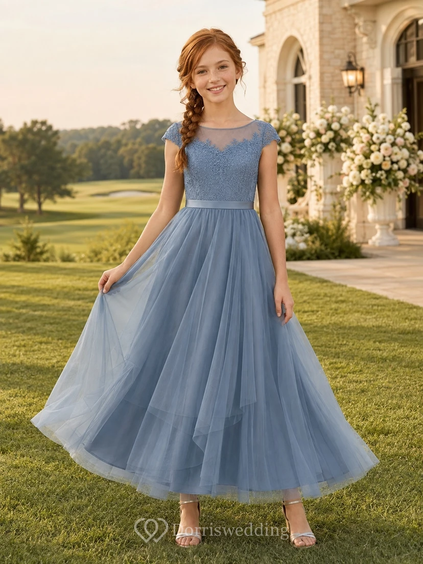 Mintgrünes Brautjungfernkleid für junge Mädchen, A-Linie, V-Ausschnitt, kurze Blütenblattärmel, elegant
