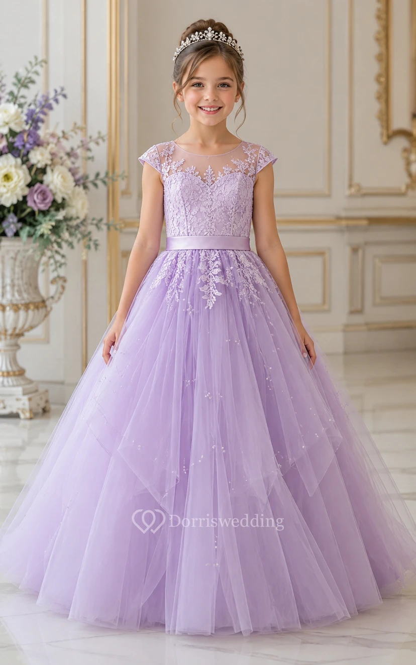 A-line Floor Length Cap Sleeve Tulle Lace Flower Girl Dress with Lavender V-neck lace bodice and flowing tulle