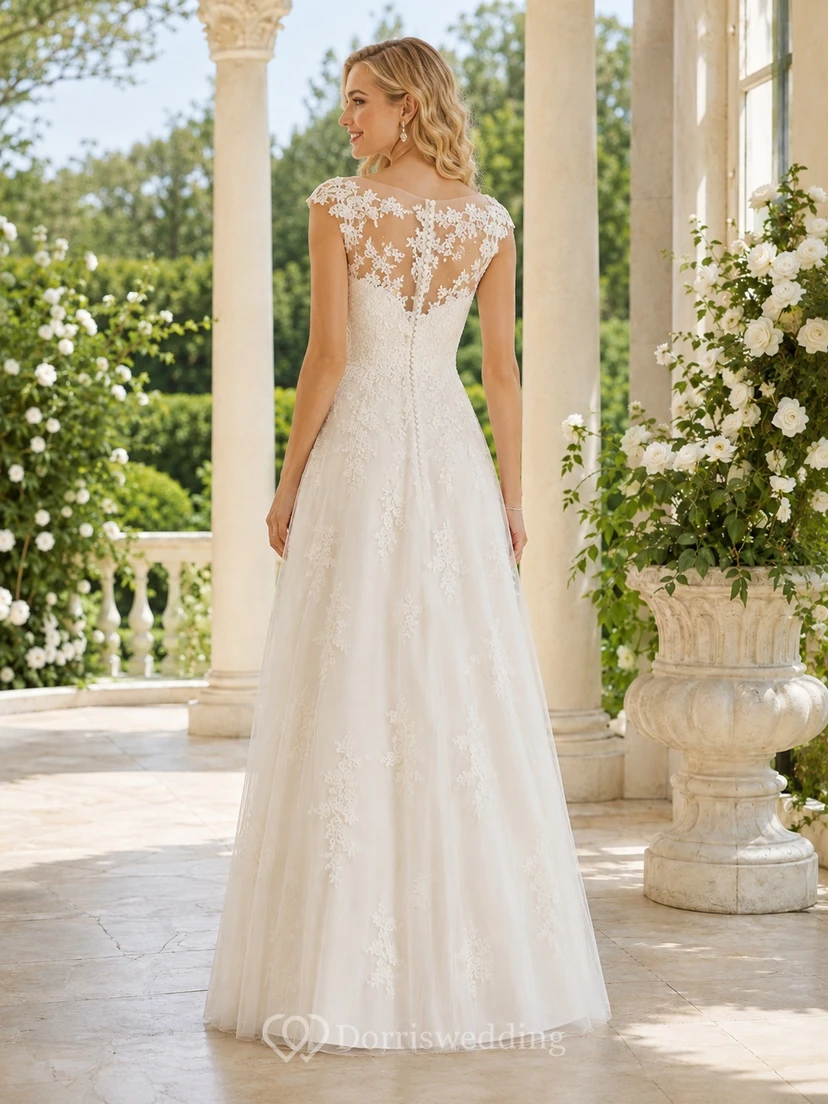 Romantisches Brautkleid in A-Linie mit Illusionsspitze, Schmuckapplikationen und kurzen Ärmeln, bodenlang view 2