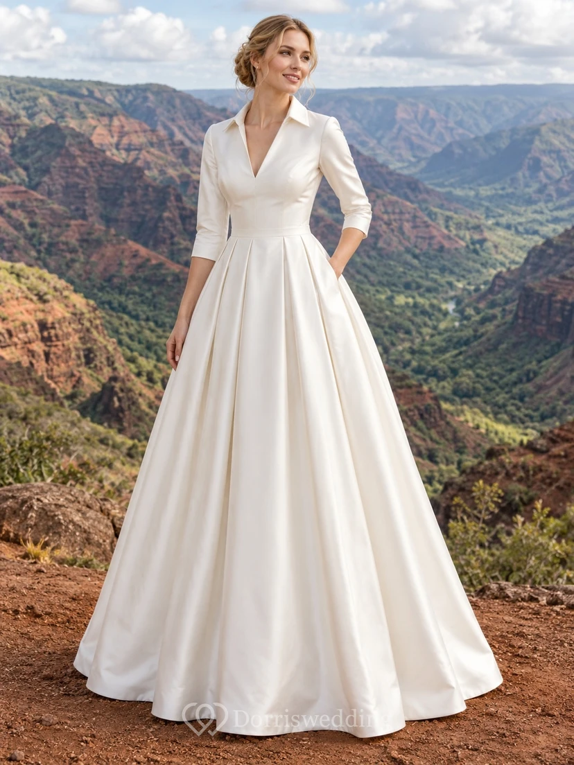 Vestido de novia sencillo de satén de algodón plisado, escote en V, manga tres cuartos y corte en A hasta el suelo.