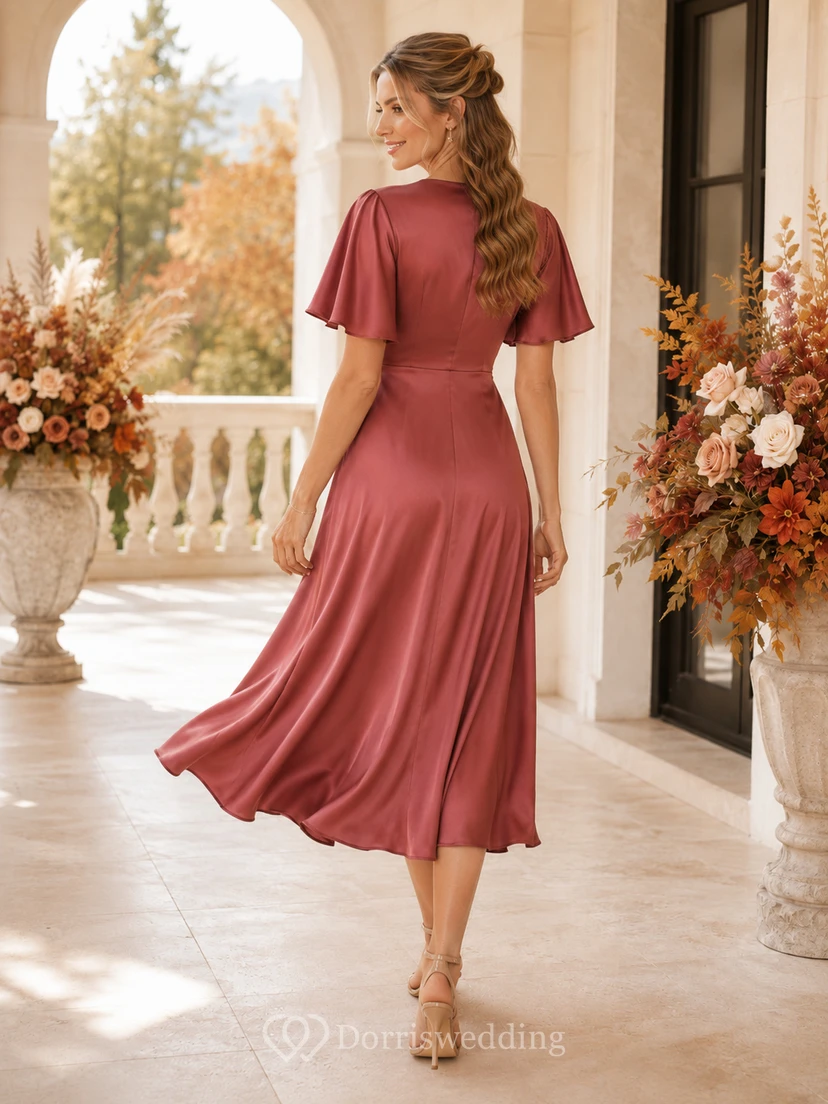 Vintage Mauve V-Neck Flutter Sleeve Satin A-Line Midi Wedding Guest Dress view 2
