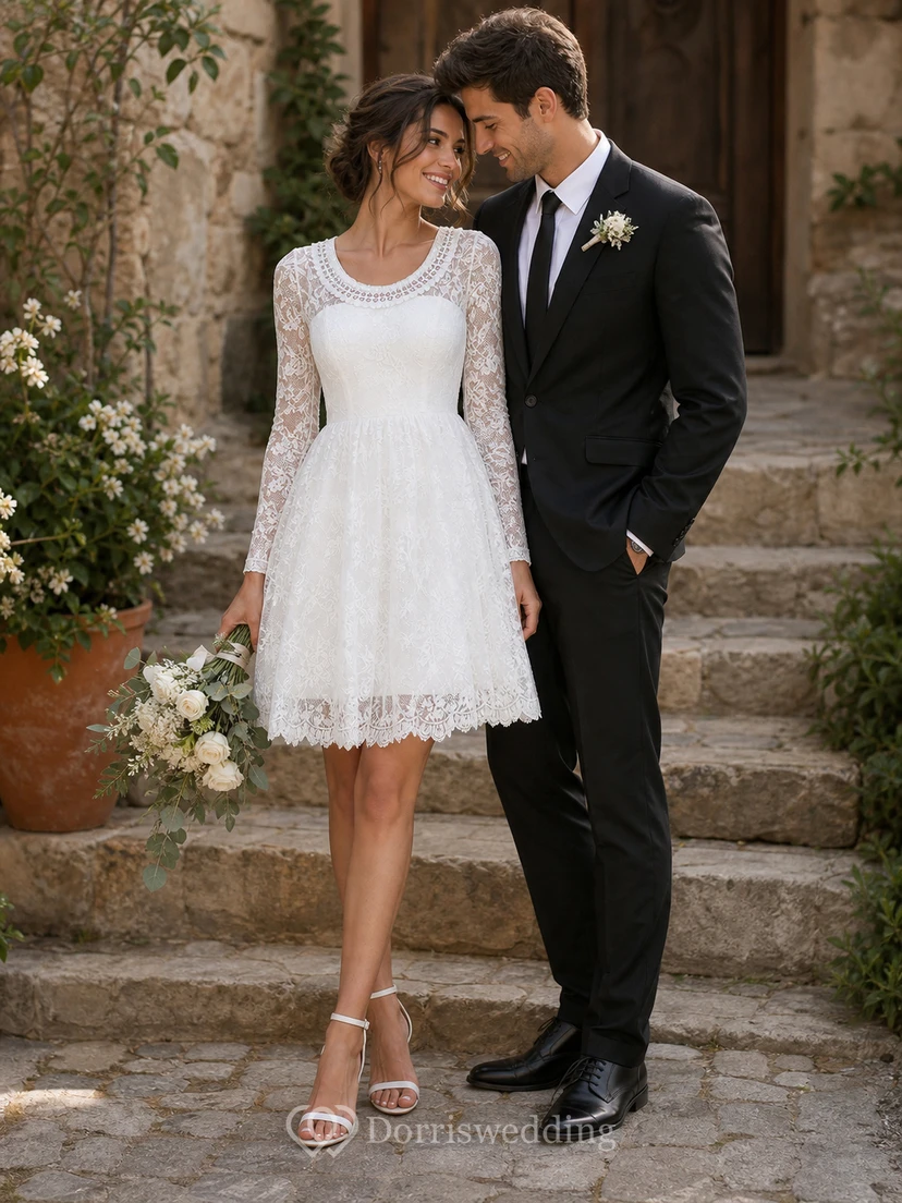 Robe de mariée classique de plage en dentelle à manches longues, longueur genou, ornée de perles