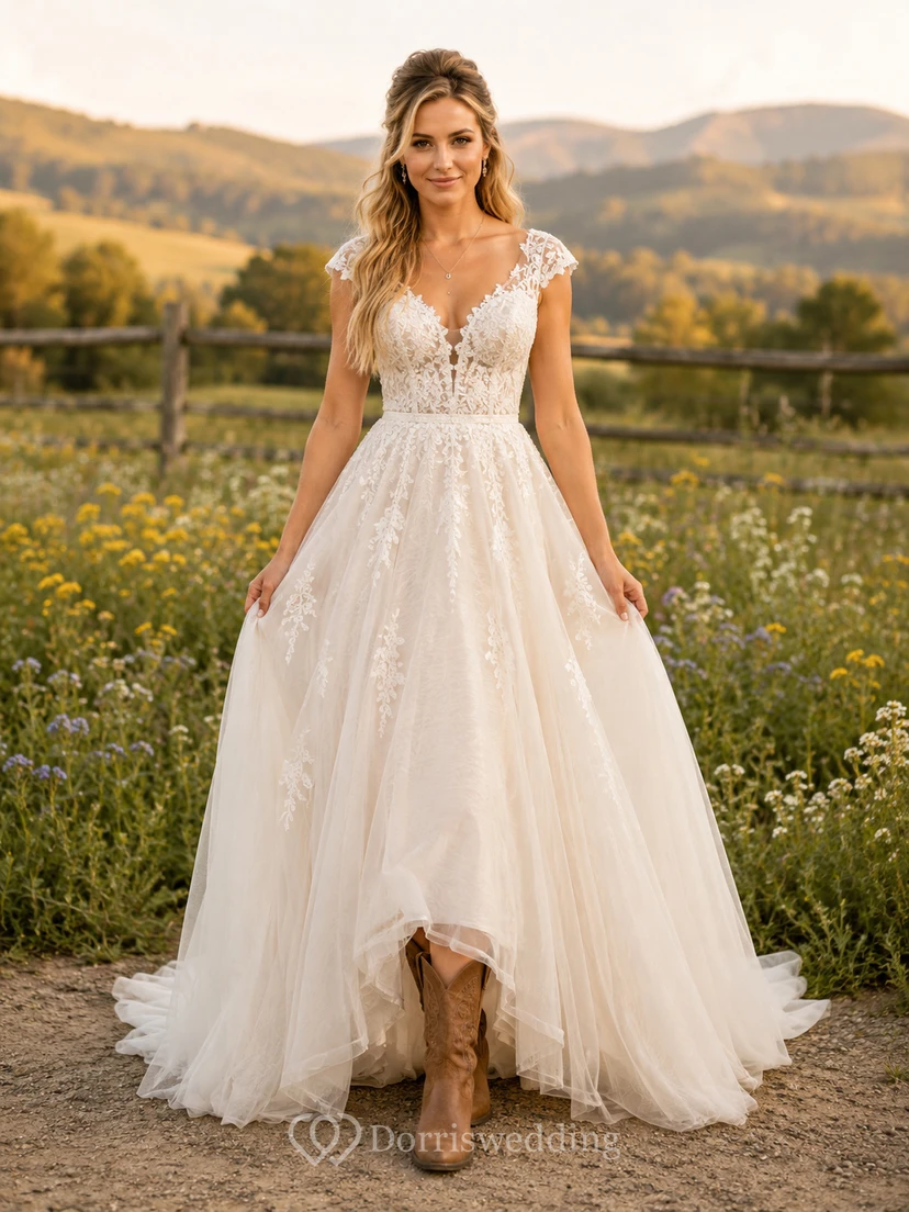 Umstandsbrautkleid, schulterfrei, Glockenärmel, Spitze, Berg-Brautkleid mit Schleppe