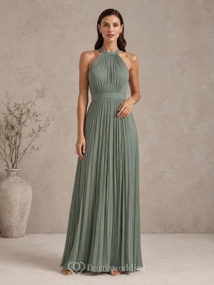 Dusty Green Chiffon Halter Pleated A-line Floor-length Dress