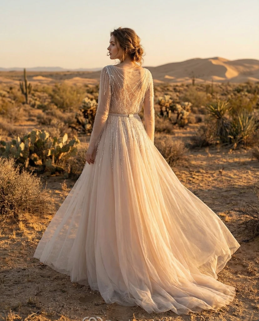 Brautkleid aus Tüll mit V-Ausschnitt und Perlen view 2