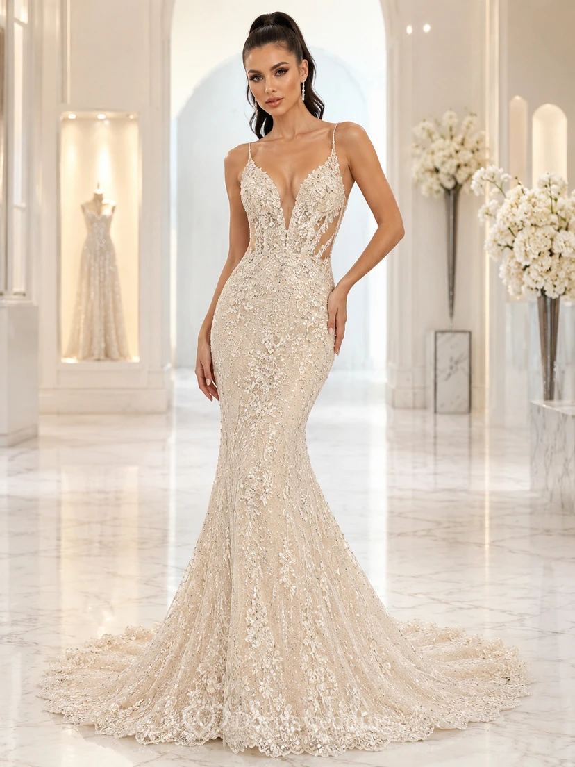 Robe de mariée sirène à bretelles spaghetti, col en V, perles, dos nu et traîne, ornée de perles