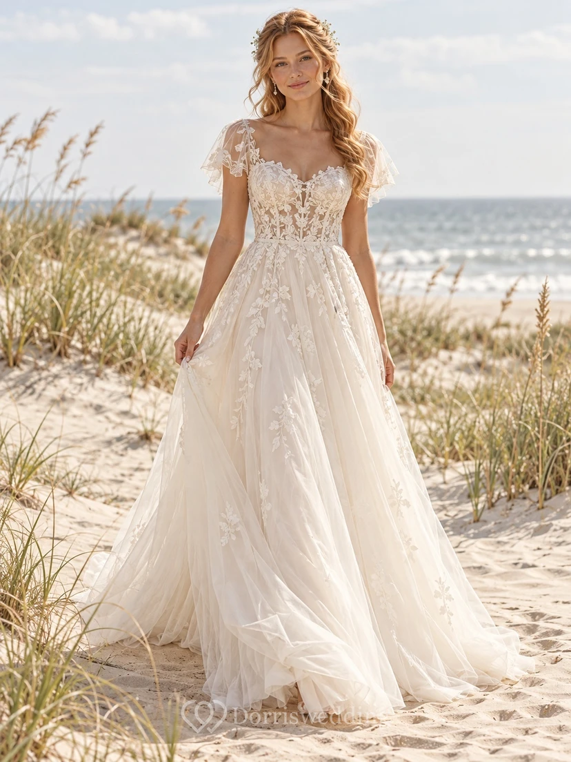 Boho Flutter Sleeve Sweetheart Illusion Floral A-Line Wedding Dress