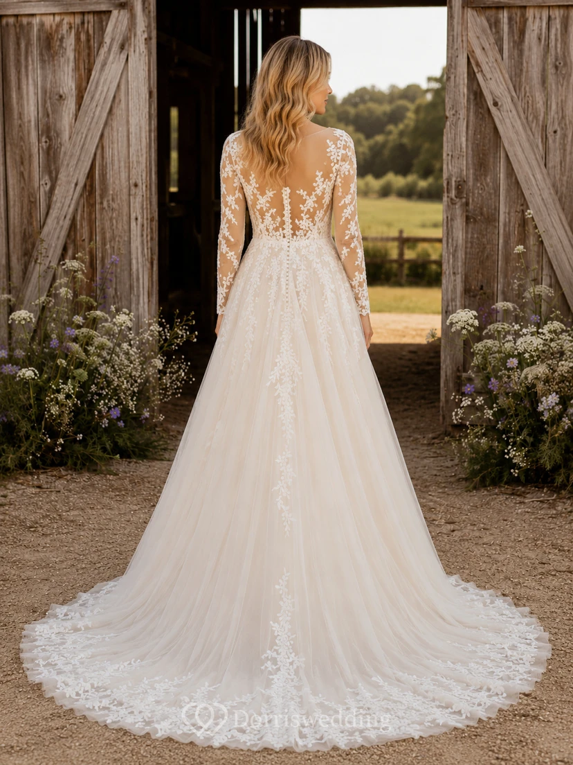 Lace Tulle Wedding Dress A-Line V-Neck Sleeveless Chapel Train Bridal Gown view 2
