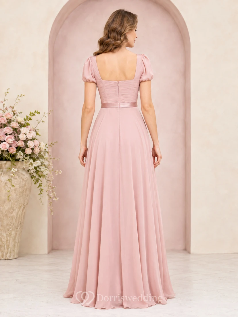 Vestido de madre romántico de gasa plisada de corte A, largo hasta el suelo, con escote cuadrado y mangas abullonadas, color rosa empolvado. view 2