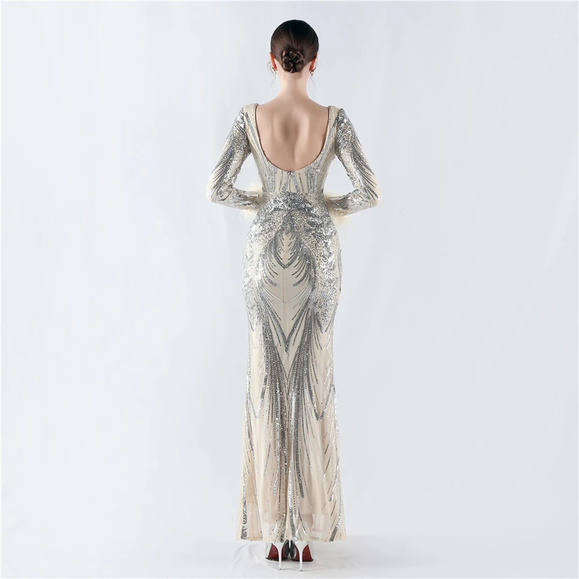 Robe de soirée haut de gamme ornée de perles florales fixes et de poils d'autruche, hôte de la réunion annuelle d'hiver view 6