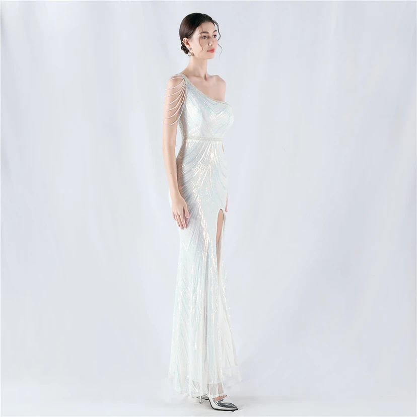 Positioning Flower Beaded Craft Beaded One-Shoulder Oblique Collar High Slit Evening Dress view 75