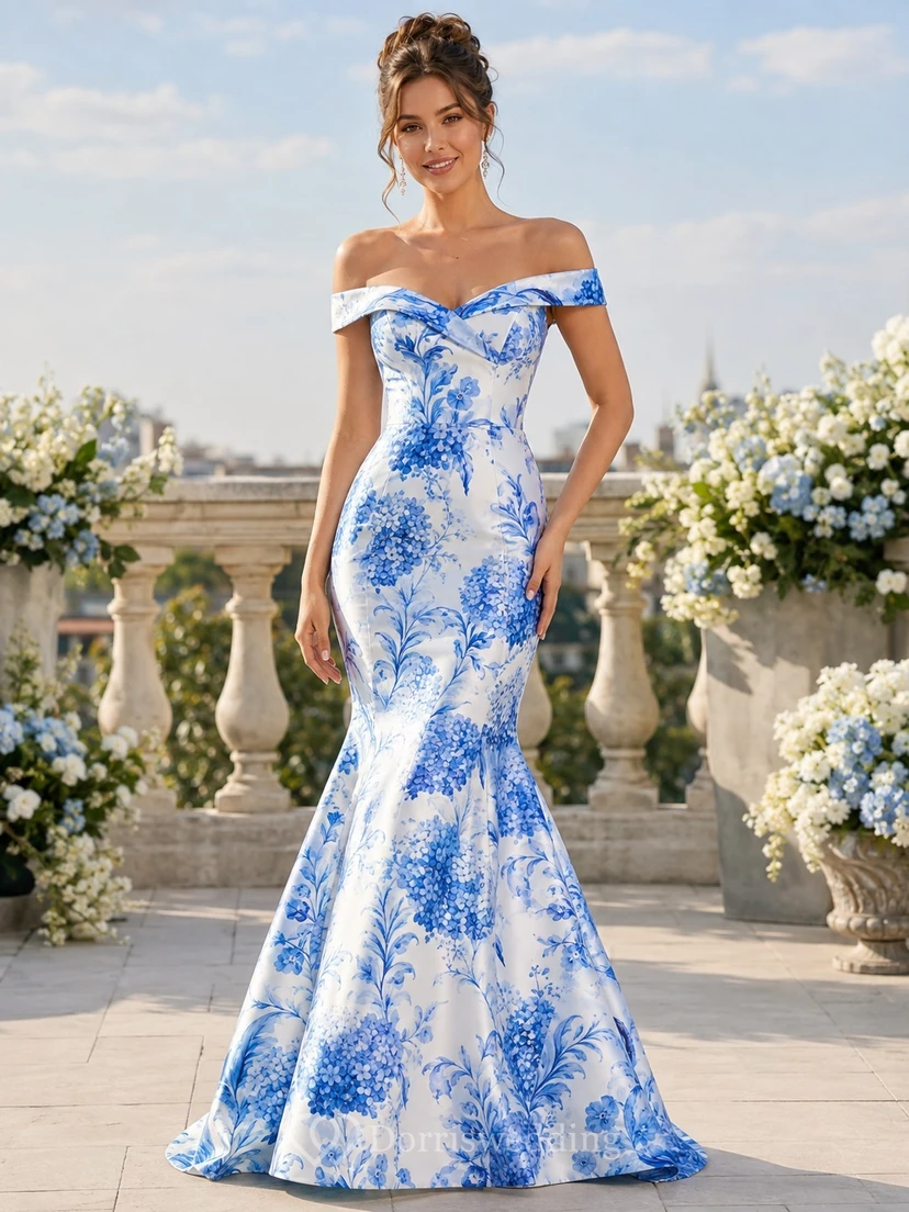 Blue White Floral Pattern Off-Shoulder Satin Mermaid Sweep Train Luxury Prom Dress