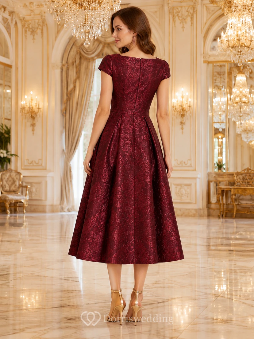 Robe d'invitée bordeaux à col carré, manches courtes et jacquard, coupe trapèze view 2