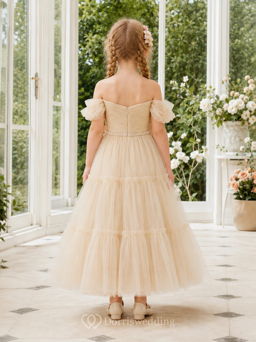 Flower Girl Dress Champagne Tulle A-Line Short Sleeve Off Shoulder Tea Length Ruffle Detail Tiered Skirt view 2