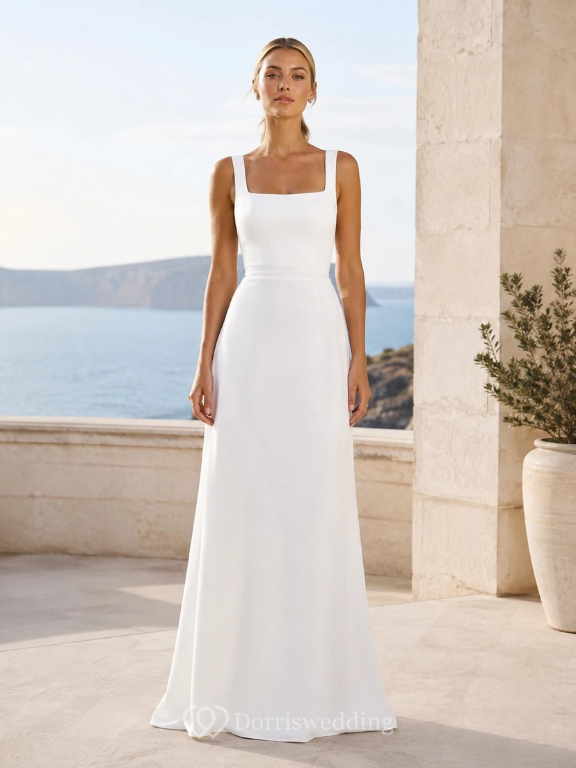 White Square Neck Straps Sleeveless Sheath Floor-Length Dress