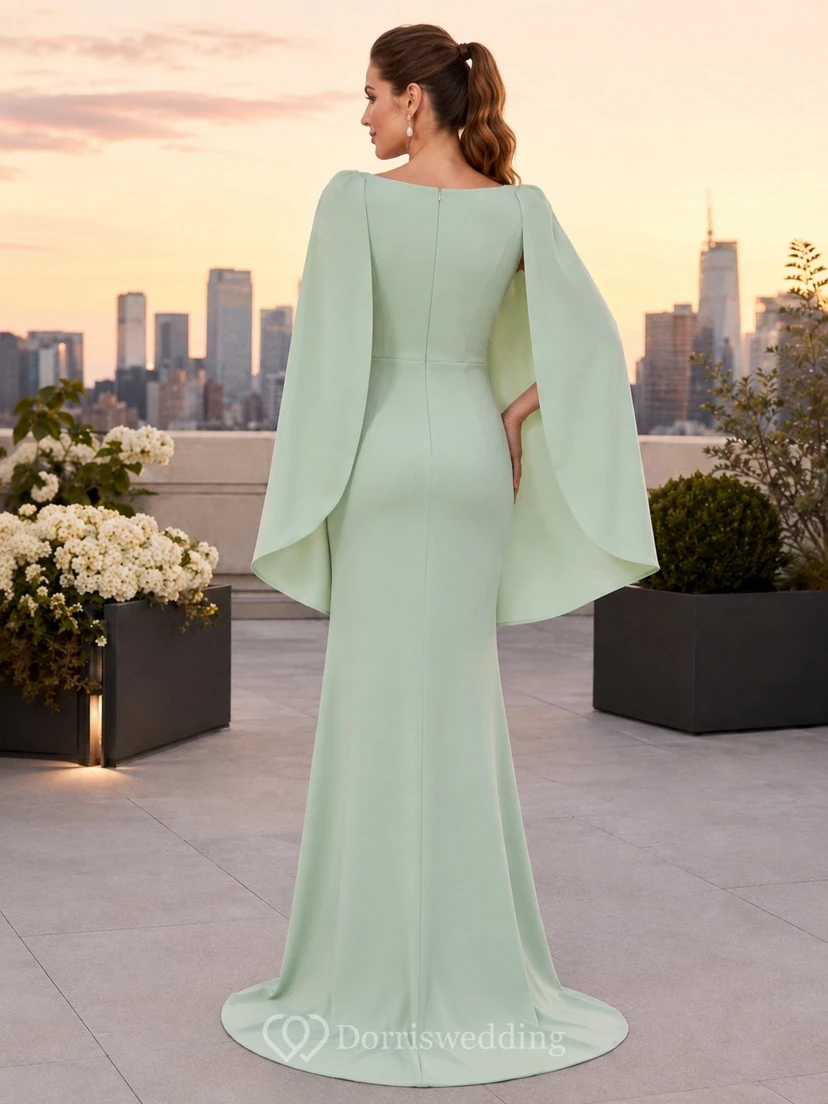 Celadon Modern Bateau Long-Sleeve Jersey Sheath Floor-Length Evening Dress view 2