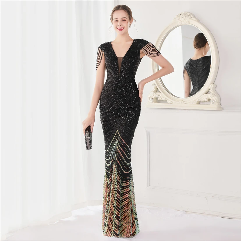 Paillettenbesetztes, handwerklich perfekt gefertigtes, perlenbesetztes Party-Abendkleid – sexy langes Kleid für die Braut view 55