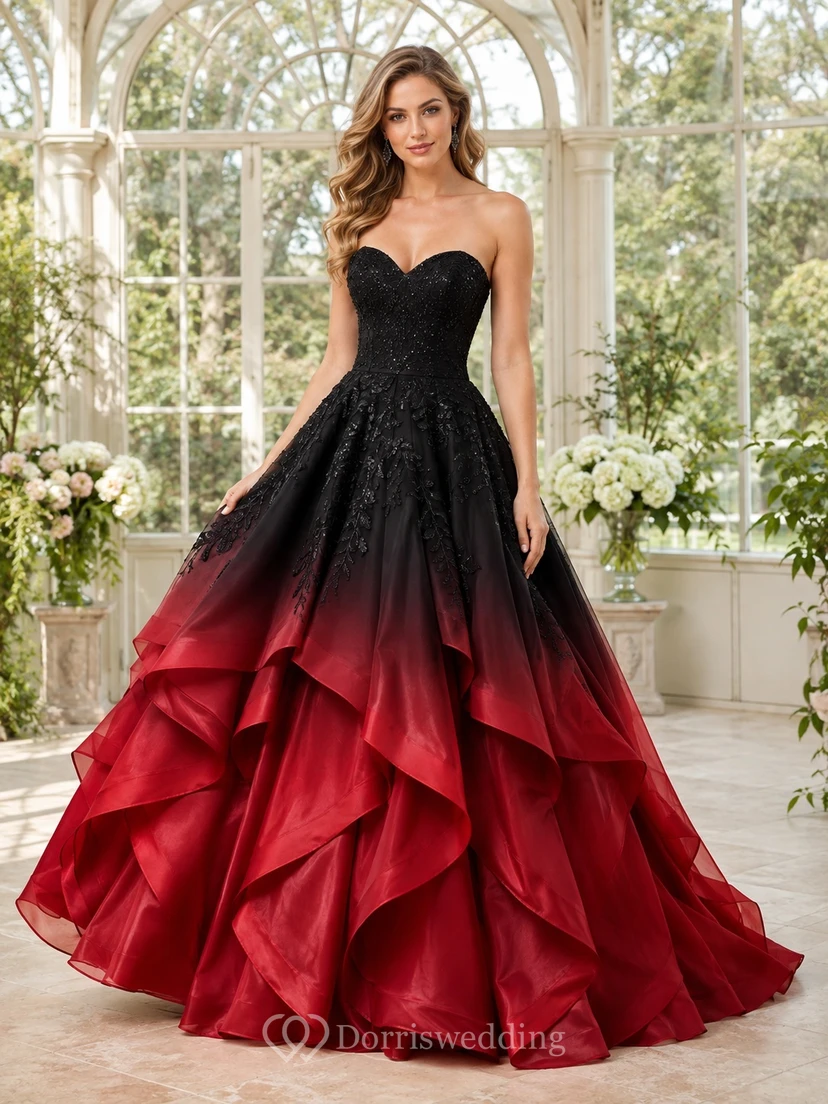 Black Red Strapless Sweetheart Applique Ruffled Ball Gown Floor-Length Quinceanera Dress
