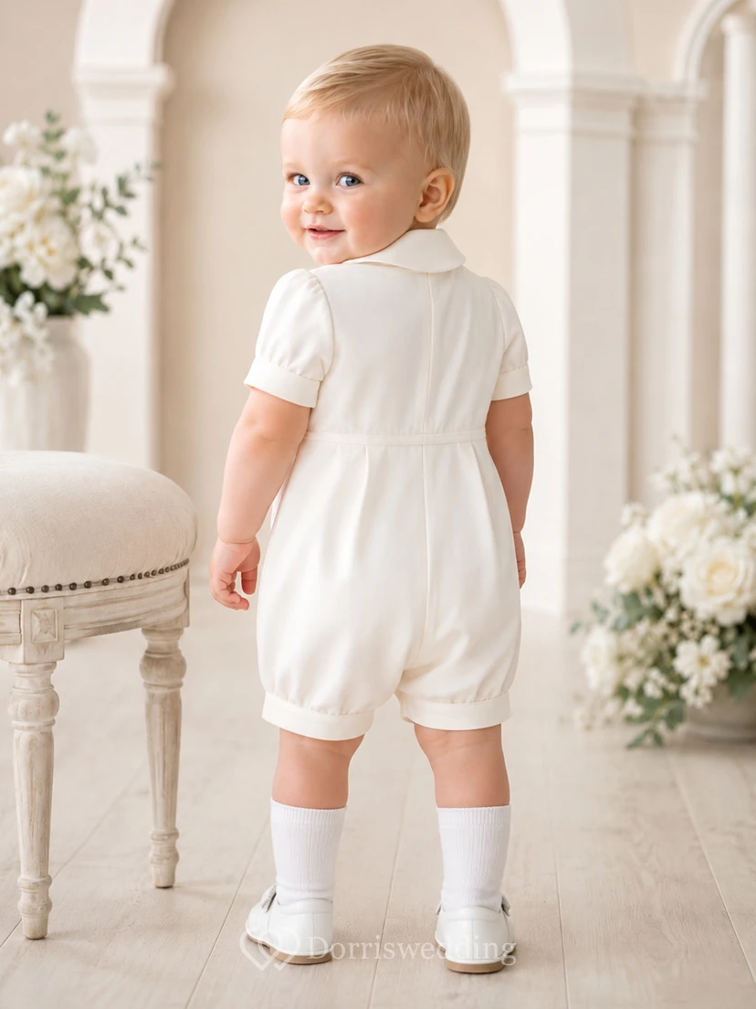 Ivory Pintuck Button Bib Short Sleeve Christening Bubble Romper for Baby Boy view 2